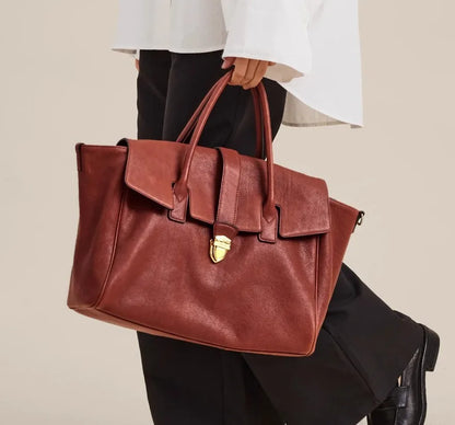Women Large Capacity Leather Retro Handbag Chestnut XL