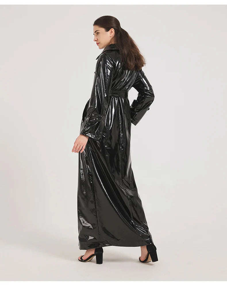 Women Black Shiny Leather Trench Coat | Luxury Designer | Floor Length | Glossy Leather Coat | Reflective | Soft Patent