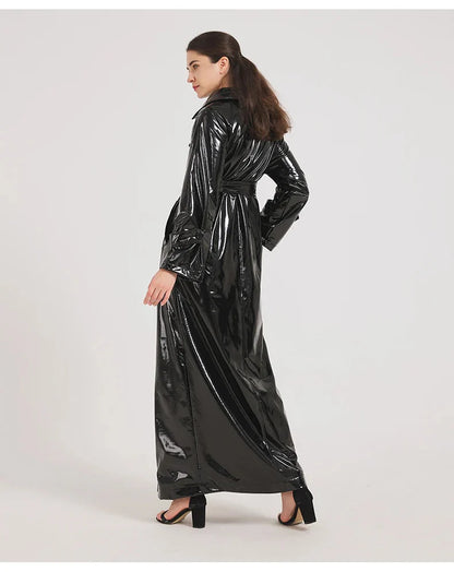 Women Black Shiny Leather Trench Coat | Luxury Designer | Floor Length | Glossy Leather Coat | Reflective | Soft Patent