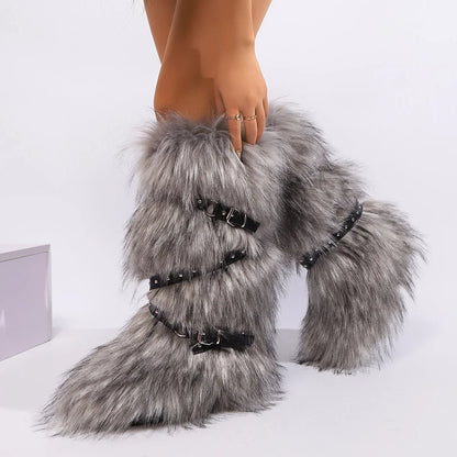 Women Winter Boots | Faux Fur Snow Boots | Warm Long Boots | Plush Over Knee | High Boots | Y2K | Furry Shoes Grey