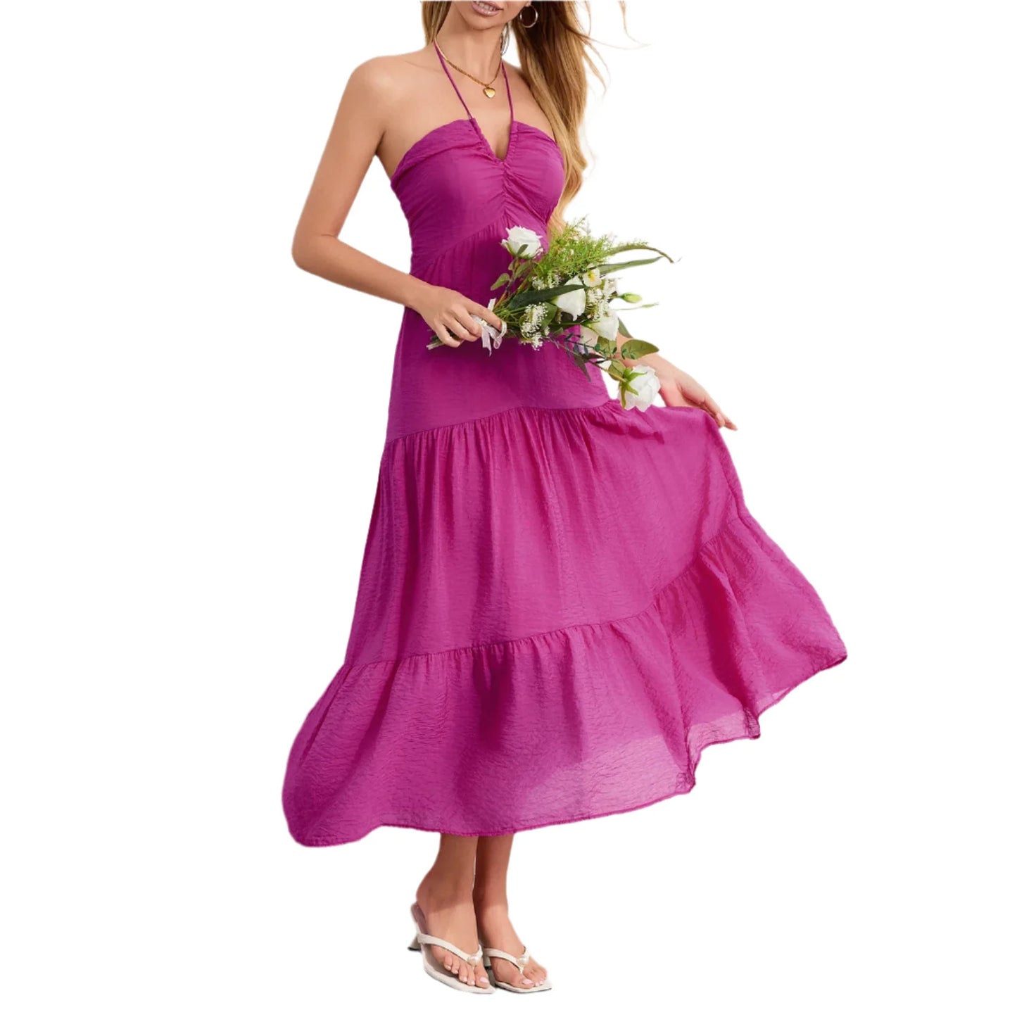 Women Bohemian Summer Tie-Up Halter Dress | Beach Flowy Dress | Sleeveless Backless Ruffled A-line Long Dress pink