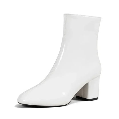 Women Leather Ankle Boots | Zipper Closure | Mid-Heel White