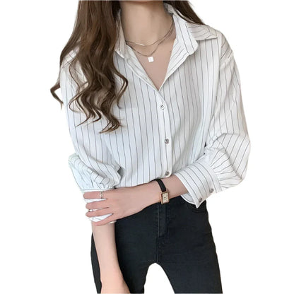 Women Classic Long Sleeve Blouse | Striped Loose Top | Classic Office Shirt White