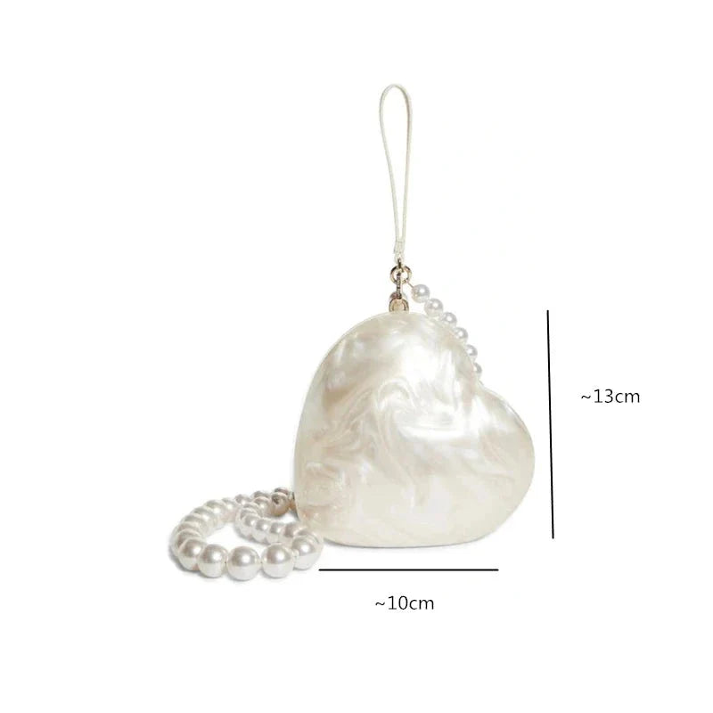 Women Heart Shaped Handbag | Party Clutch | Mini Bag | Pearl Chain Purse