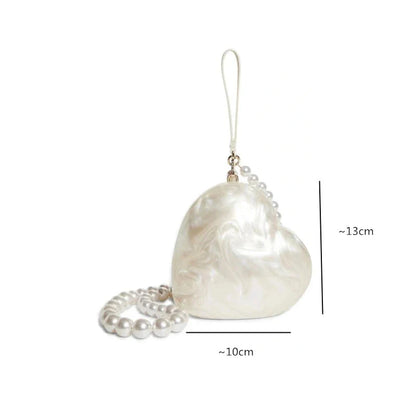 Women Heart Shaped Handbag | Party Clutch | Mini Bag | Pearl Chain Purse