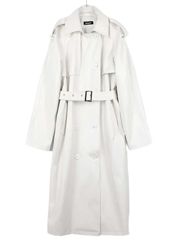 Women's Oversized Leather Trench Coat with Belt | Extra Long Leather Coat White One size