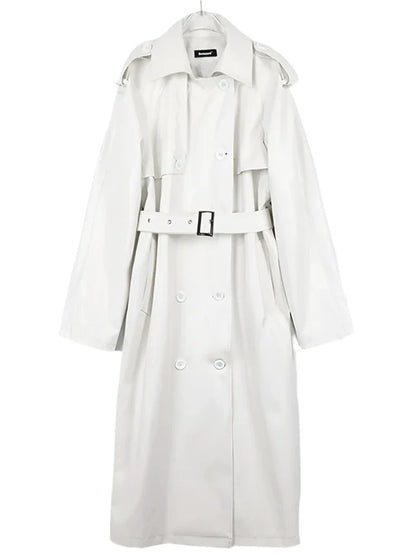 Women's Oversized Leather Trench Coat with Belt | Extra Long Leather Coat White One size