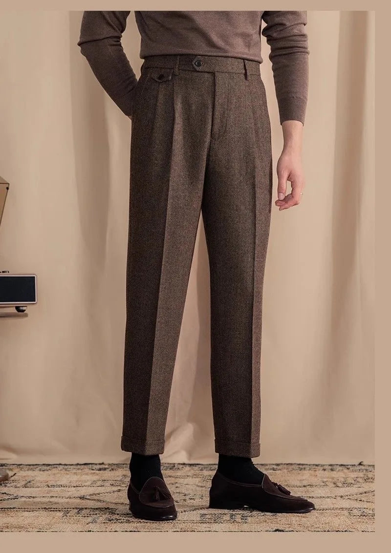 Men High-Waisted Woolen Pants | Herringbone | Italian Vintage Pants | Suit Pants | Warm | Straight Fit