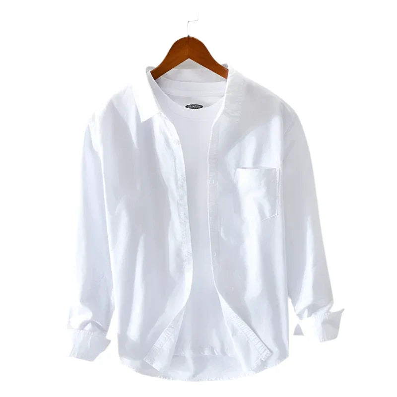 Men Oxford Vintage Shirt | Solid Long Sleeve Button Down White