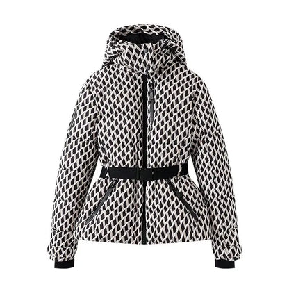 Women Winter Windproof Skiing Jacket | Padded Sport Parkas Jacket | Belt | Hooded | Thick | Warm | Pockets