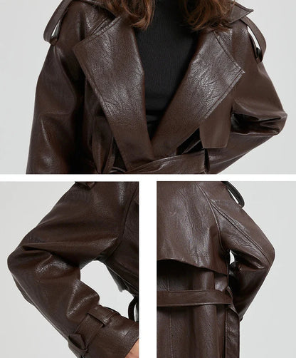 Women Extra Long Leather Trench Coat | Luxury Chic Overcoat | Autumn