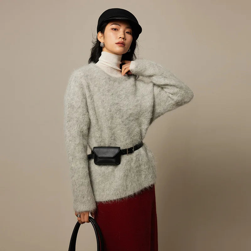 Women Alpaca Sweater | O-Neck | Loose | Knitted Pullover | Winter Sweater Light Grey One Size