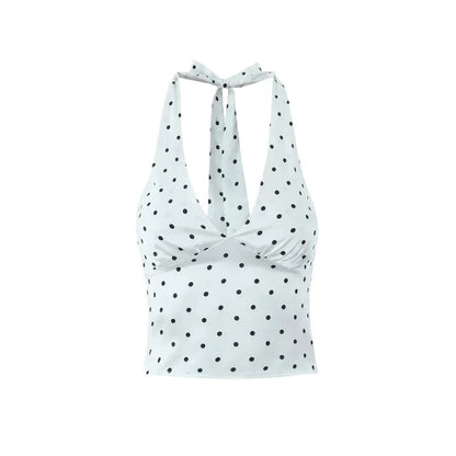 Women Polka Dot Print Top | Two-piece Set | Halter Neck Vest Top | Low Waist Skirt White Top
