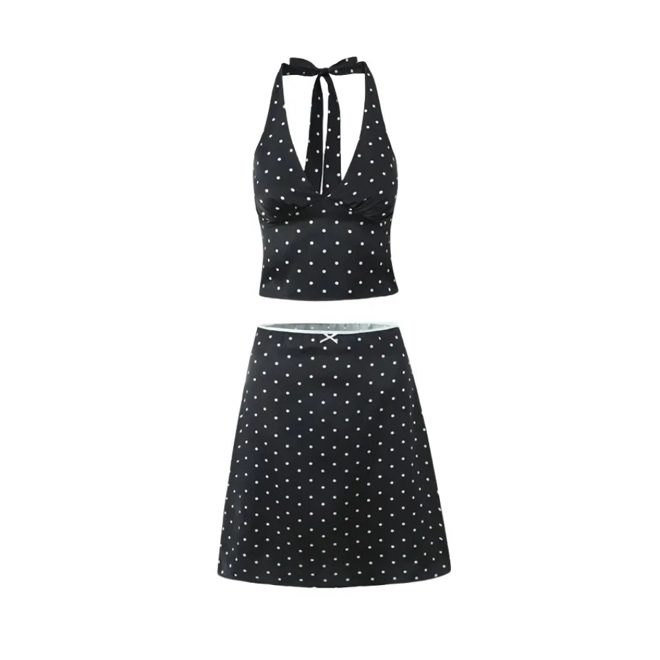 Women Polka Dot Print Top | Two-piece Set | Halter Neck Vest Top | Low Waist Skirt Black Suit