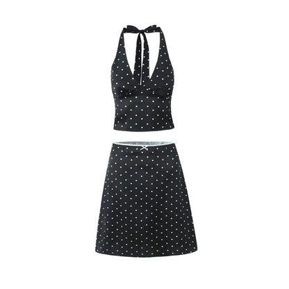 Women Polka Dot Print Top | Two-piece Set | Halter Neck Vest Top | Low Waist Skirt Black Suit