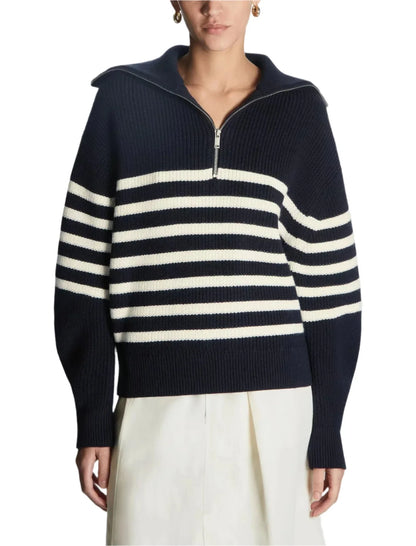 Women Classic Quarter Zip Pullover | Striped Turtleneck Sweater Navy