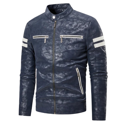 Men Casual Vintage Leather Jacket | Motor Biker Pocket Jacket Blue