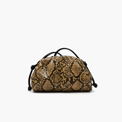Women Leather Ruched Serpentine Dumpling Bag | Pouch Handbag | Cloud Clutch | Snake Pattern Shoulder Bag | Crossbody Bag yellow S