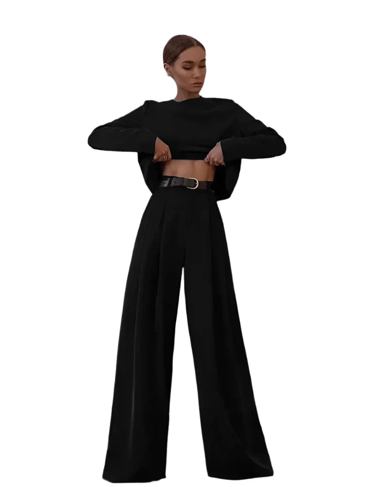 Women Classic 2 Piece Set | Vintage Plain Loose Shirt | Palazzo Floor-Length Pants
