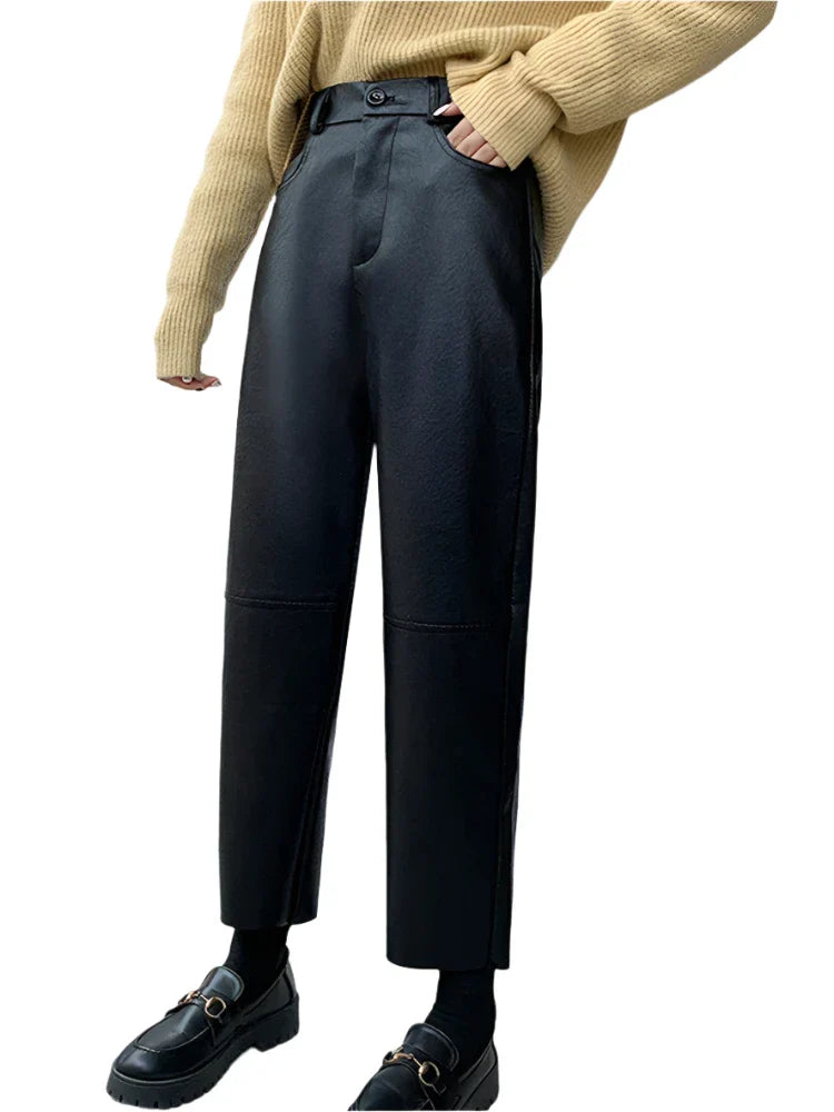 Women Wide Leg High Waist Leather Pants | Casual Loose Ankle Length Trousers Black