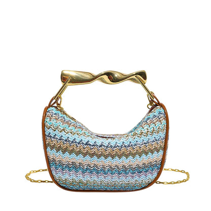Women Woven Handbag | Rattan Half-Moon | Straw Shoulder Bag | Bucket Bag | Crossbody Bag Blue