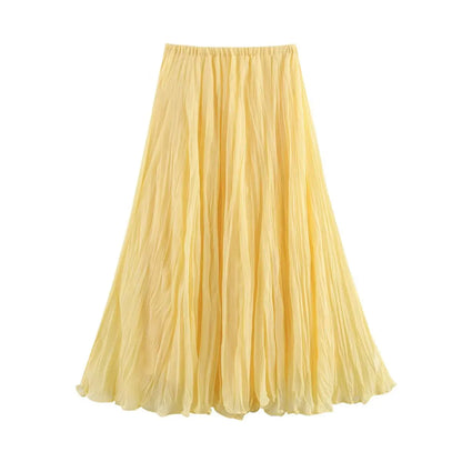 Women Crinkle A Line Midi Butter Yellow Skirt | Holiday | Summer Skirt | Elastic Waist Yellow