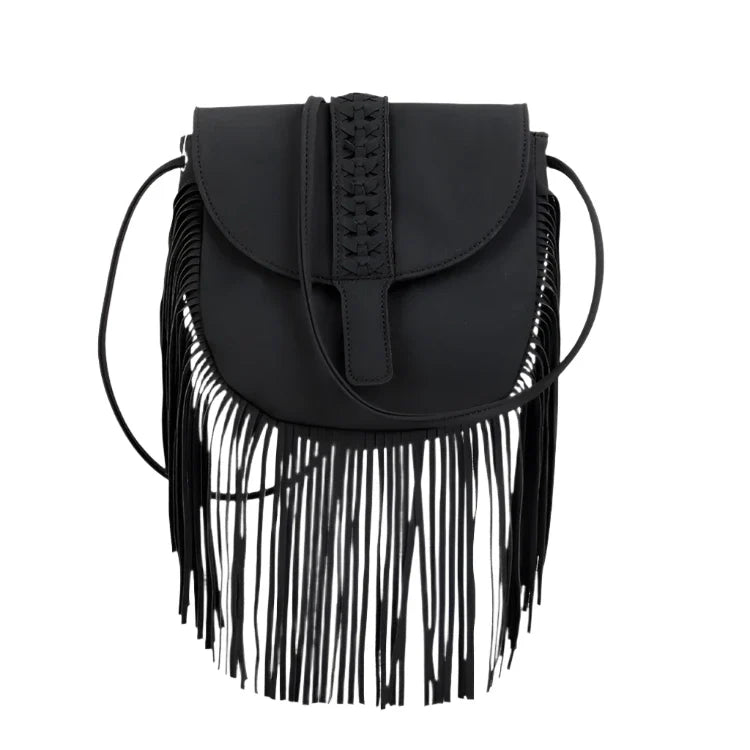 Women Suede Leather Boho Bag | Vintage Fringe Tassel Bohemian Bag Black