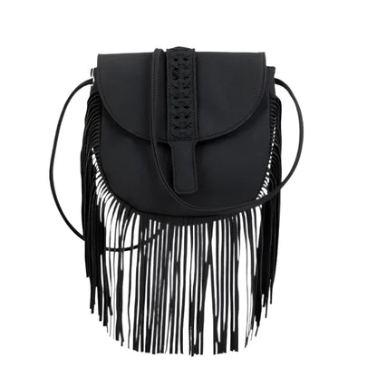 Women Suede Leather Boho Bag | Vintage Fringe Tassel Bohemian Bag Black