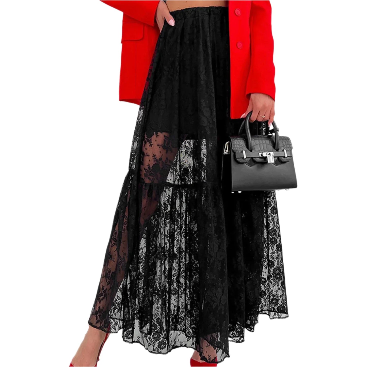 Women See-Through Lace A-Line Skirt | Casual Summer Long Skirt | Beach Skirt | Vacation black