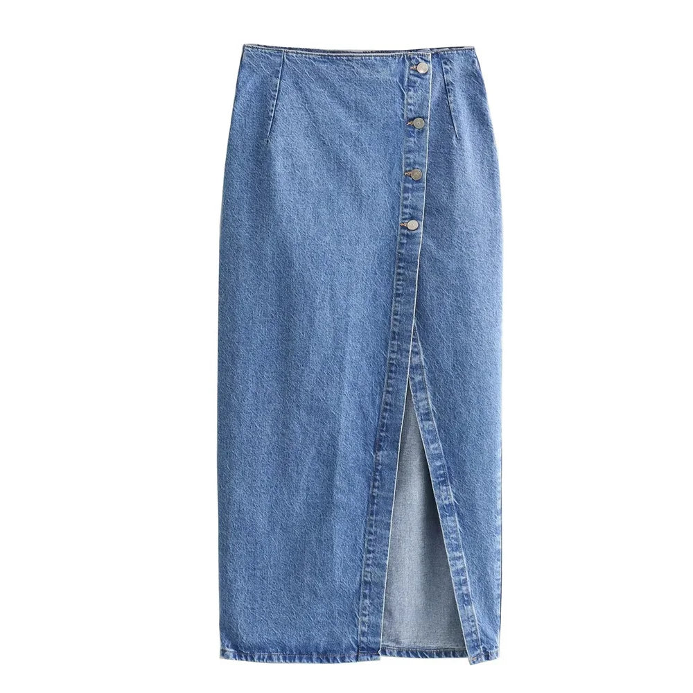 Women Denim V-Neck Vest | Denim Long Skirt | Denim Skirt and Vest Set Blue Skirt