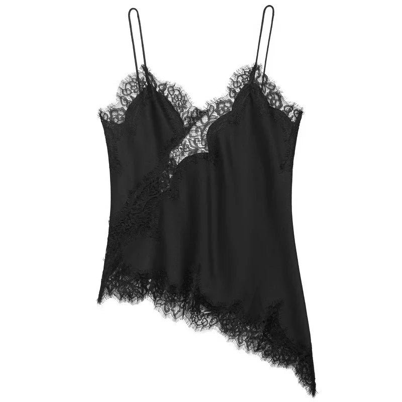 Women Asymmetrical Slip Top | Lace Tank Top | Cami | Y2K | Sleeveless | Backless Camisole black