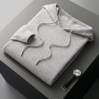 Men Merino Wool Hoodie | Casual Knitted Pullover Sweater | Hooded Collar Light Grey