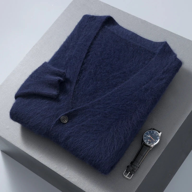Men Mink Cashmere Warm Cardigan | Casual Loose V-Neck Knit Coat Navy blue