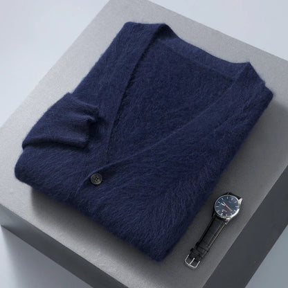Men Mink Cashmere Warm Cardigan | Casual Loose V-Neck Knit Coat Navy blue