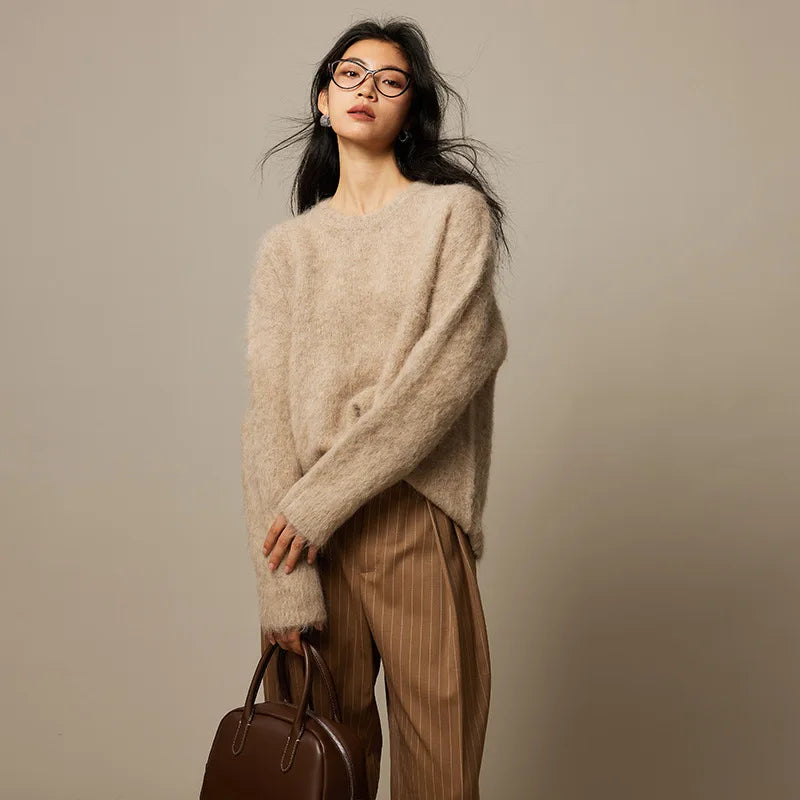 Women Alpaca Sweater | O-Neck | Loose | Knitted Pullover | Winter Sweater Sand One Size