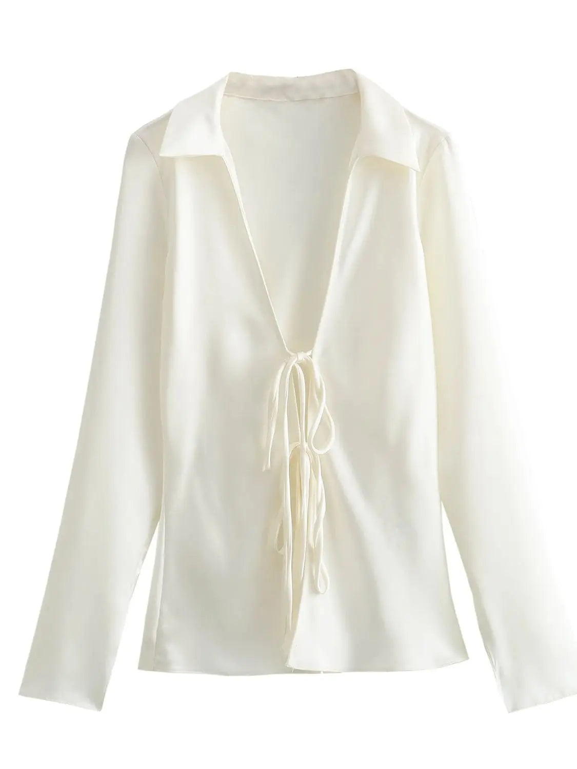 Women Satin Loose Tie Bow Blouse | Long Sleeve Silk Casual Shirt White