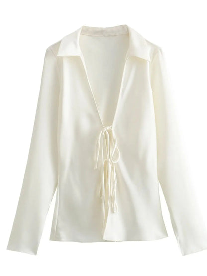 Women Satin Loose Tie Bow Blouse | Long Sleeve Silk Casual Shirt White
