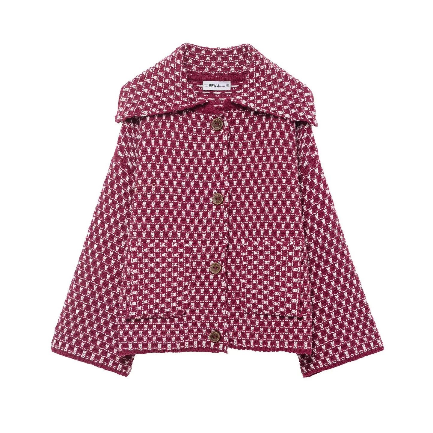 Women Oversized Knitted Jacket | Large Collar | Street Style | Geometric Pattern Red