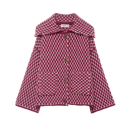 Women Oversized Knitted Jacket | Large Collar | Street Style | Geometric Pattern Red