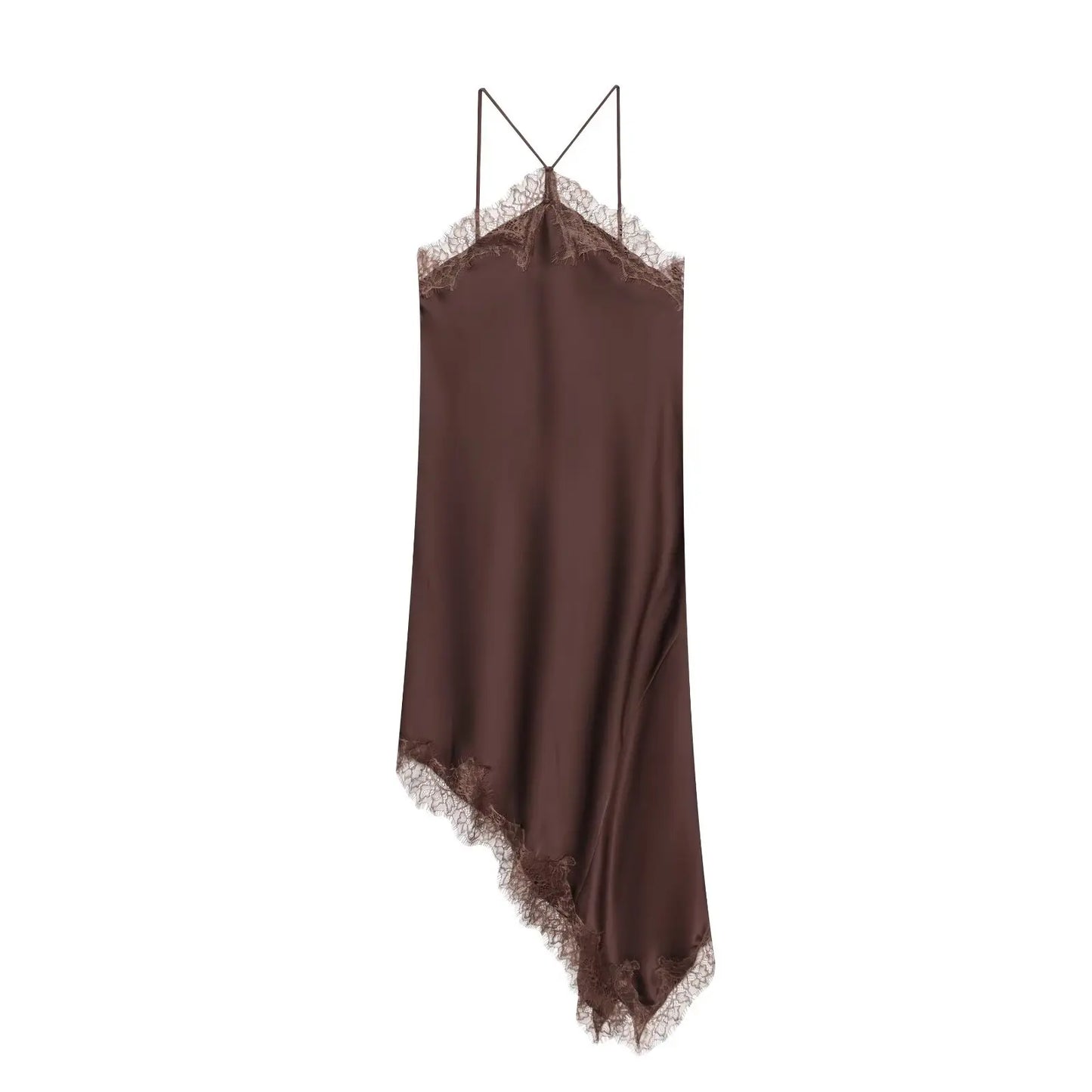 Women Lace Spliced Sling Dress | Sleeveless | Backless | Asymmetrical | Holiday | Party Wear Chocolate Brown