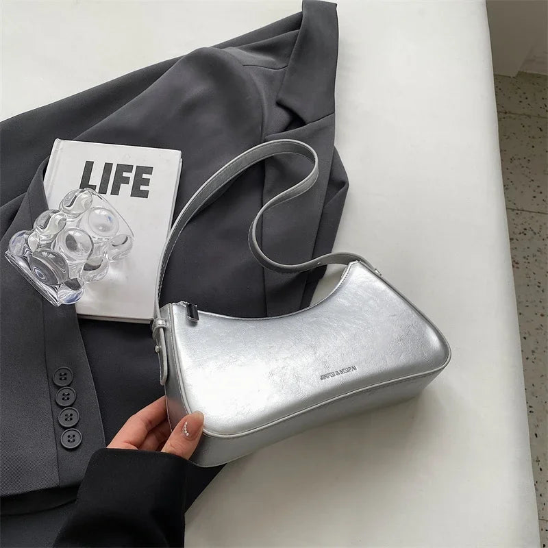 Women Leather Underarm Shoulder Bag Silver