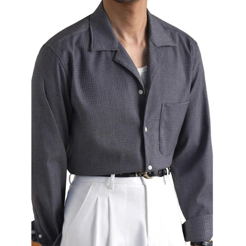 Men Cuban Collar Shirt | Long Sleeve | Casual Business Dress Shirt Grey