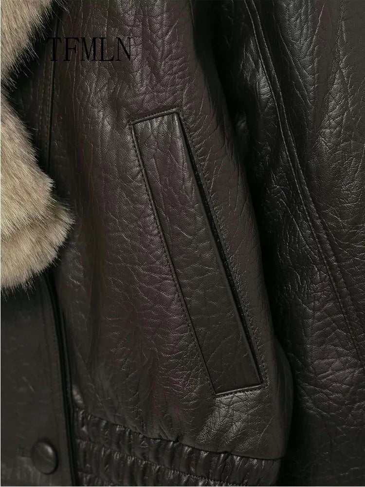 Women Winter Loose Leather Fur Jacket | Big Fur Collar | Casual Coat | Double Breasted