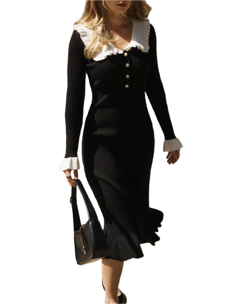 Women Knitted Ruffled Long Dress | V-Neck Summer Vintage Dress black