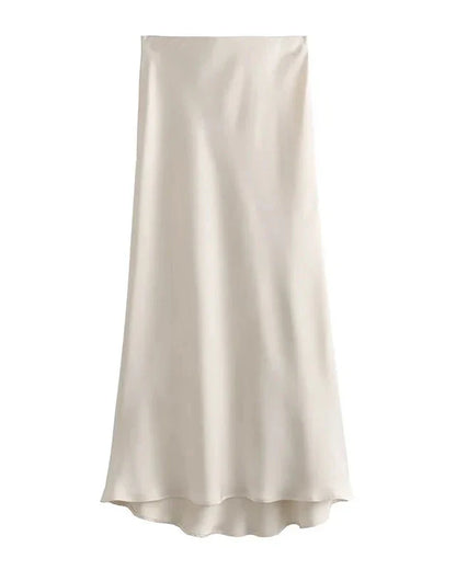 Women Long High Waist Satin Skirt | Office Midi Skirt off-white