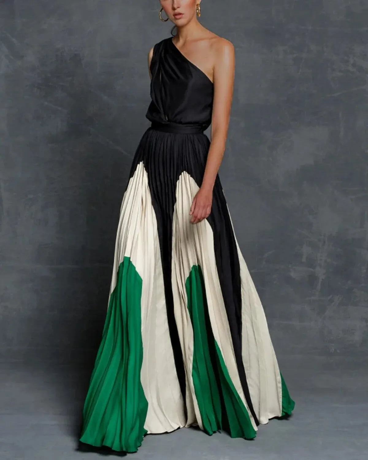 Vivienne | Women's One Shoulder Color Block Pleated Maxi Dress