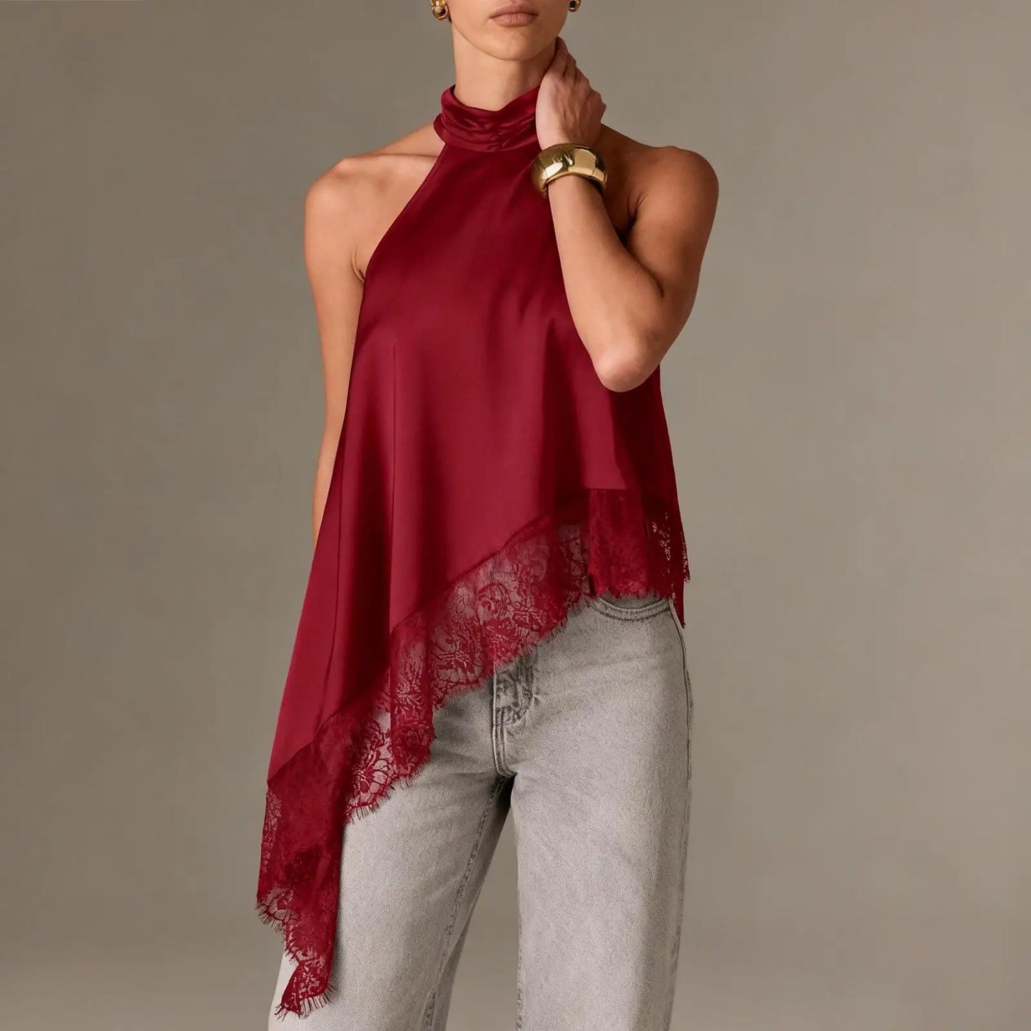 Women Asymmetrical Lace Satin Top | Silk Vest | Draped Choker | Halter Neck | Cami Red