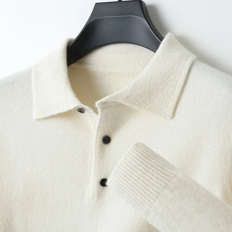 Men Merino Wool Polo Pullover | Knit Warm Top | Winter Polo Collar T-shirt White