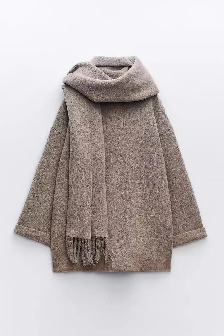 Women Winter Loose Knitted Coat with Scarf | Straight Cut | Long Sleeves | Warm Cardigan