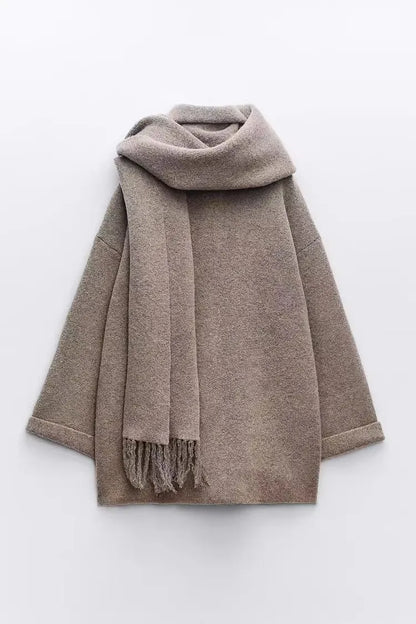 Women Winter Loose Knitted Coat with Scarf | Straight Cut | Long Sleeves | Warm Cardigan
